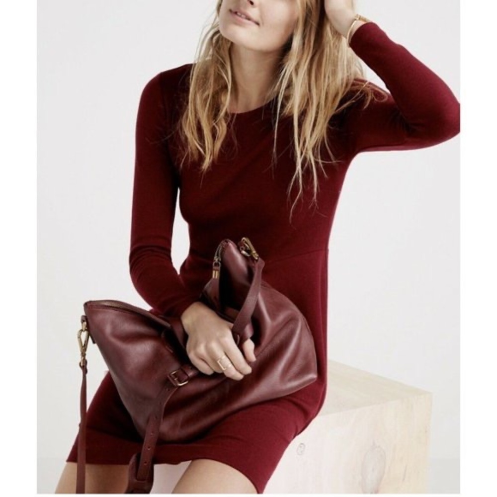 MADEWELL Gia Concept Fit Flare Dress with Long Sleeves in Burgundy